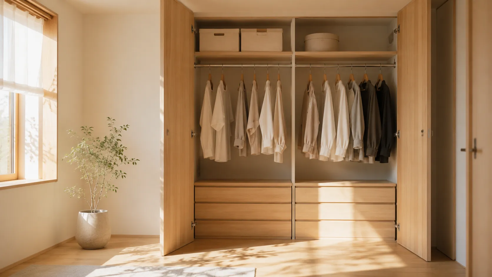 扉が開いて朝の光が差し込む、服がゆとりと並んだクローゼット
