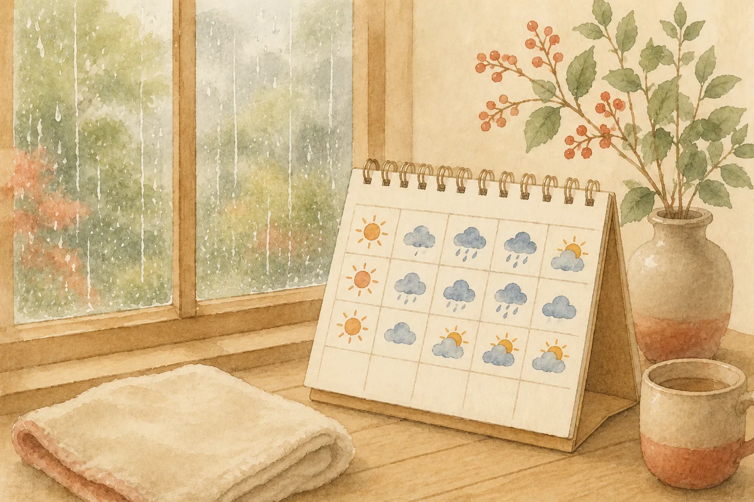 雨の降る窓辺と、天気マークが描かれたカレンダーが置かれた室内の様子を表した水彩画風のイラスト