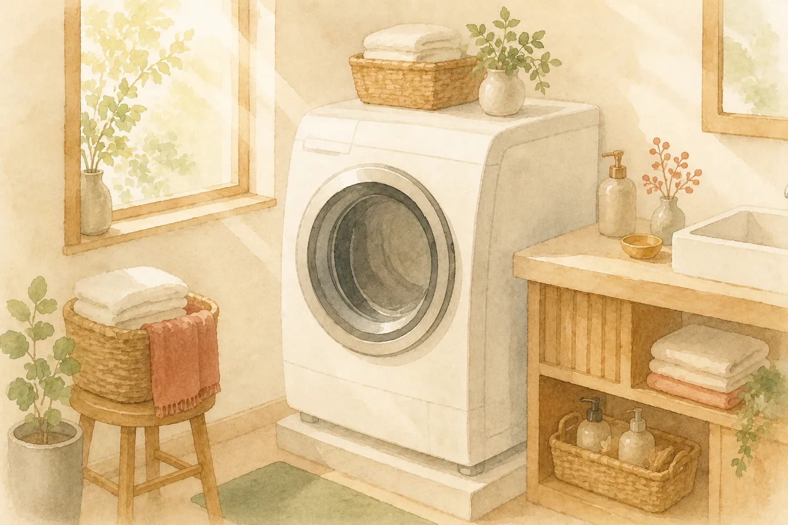 朝のやわらかい光が差し込む洗面所に置かれたドラム式洗濯機を描いた水彩画風のイラスト