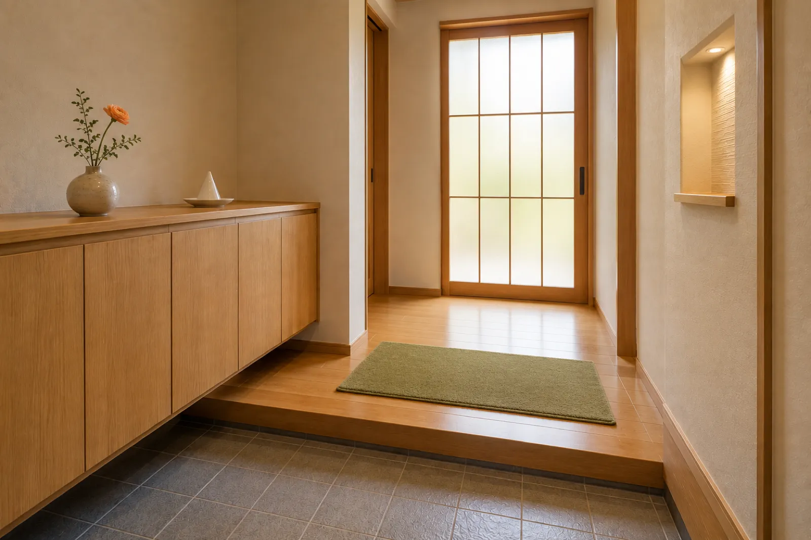 上がり框の内側、部屋側の木の床に敷かれた緑の玄関マットと、下駄箱の上のオレンジの花