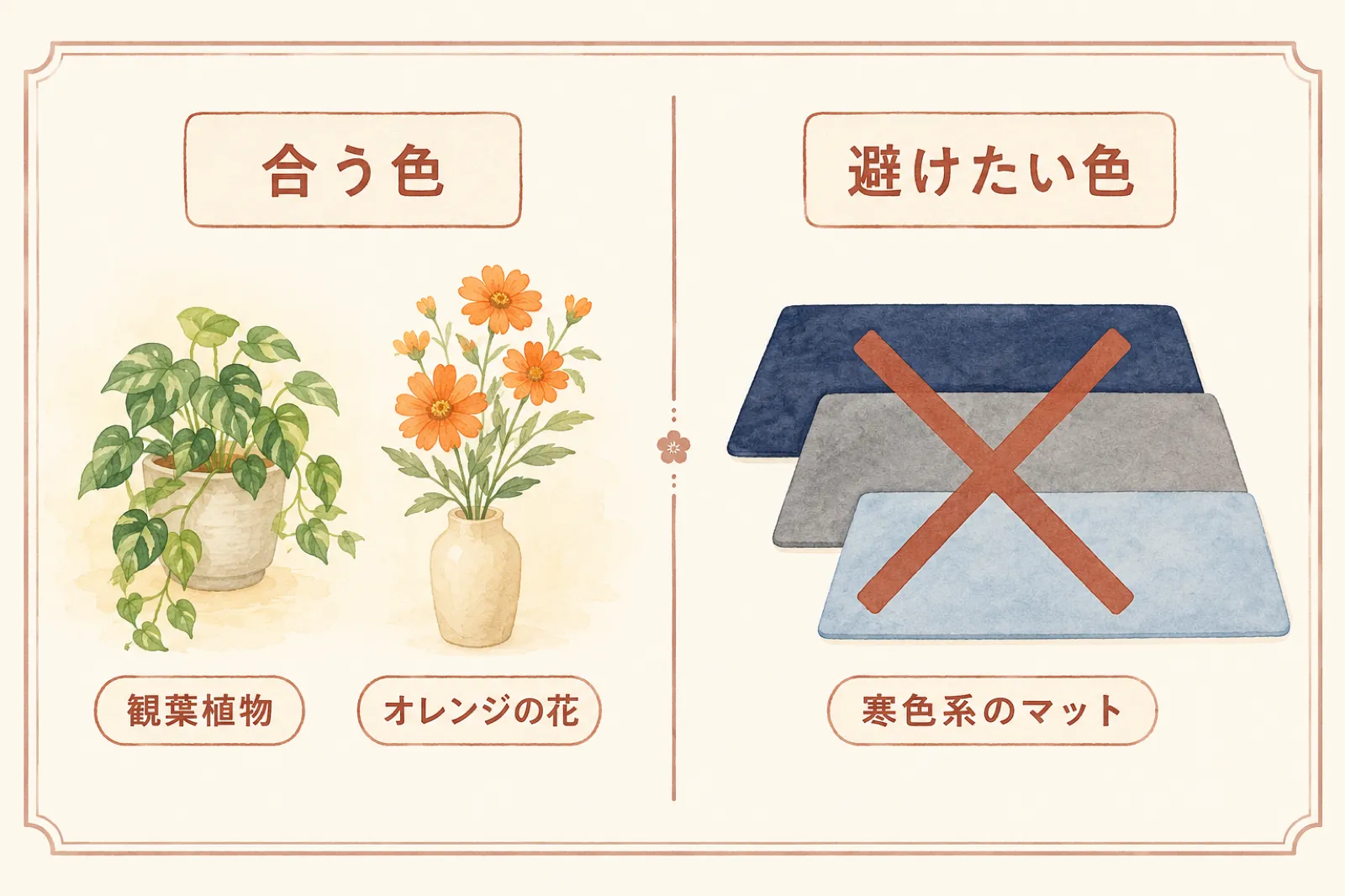 南東の玄関に合う色として観葉植物の緑とオレンジの花を、避けたい色として紺やグレーなどの寒色系のマットを示したイラスト