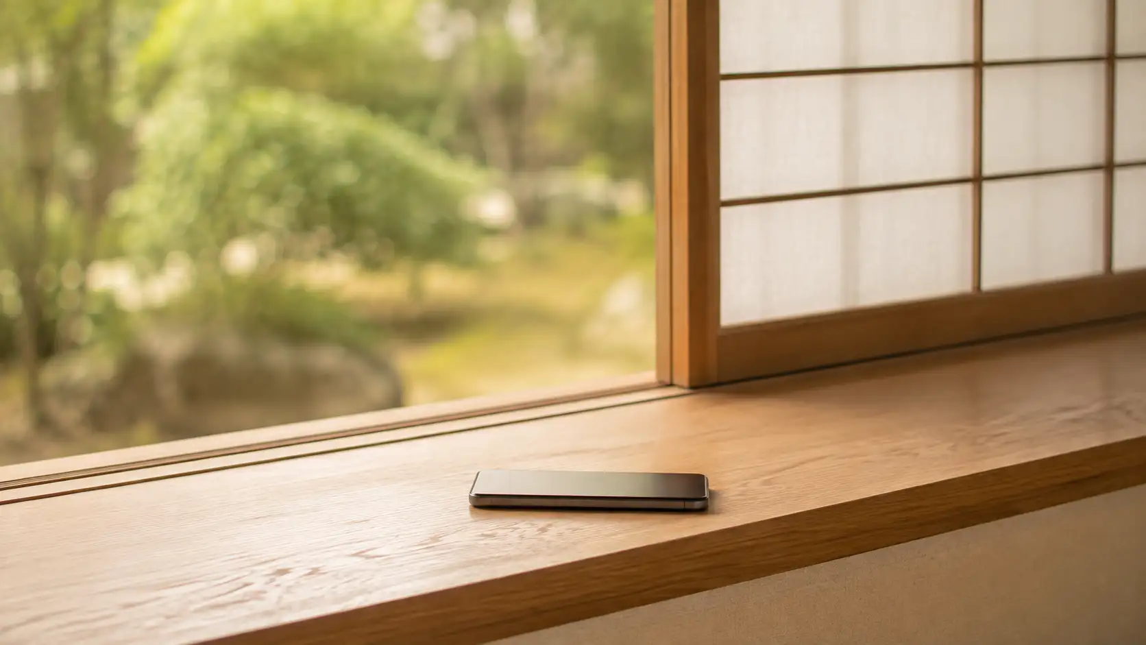 障子ごしの光が入る和室の縁側。木の縁板の上にスマートフォンが1台だけ伏せて置かれている