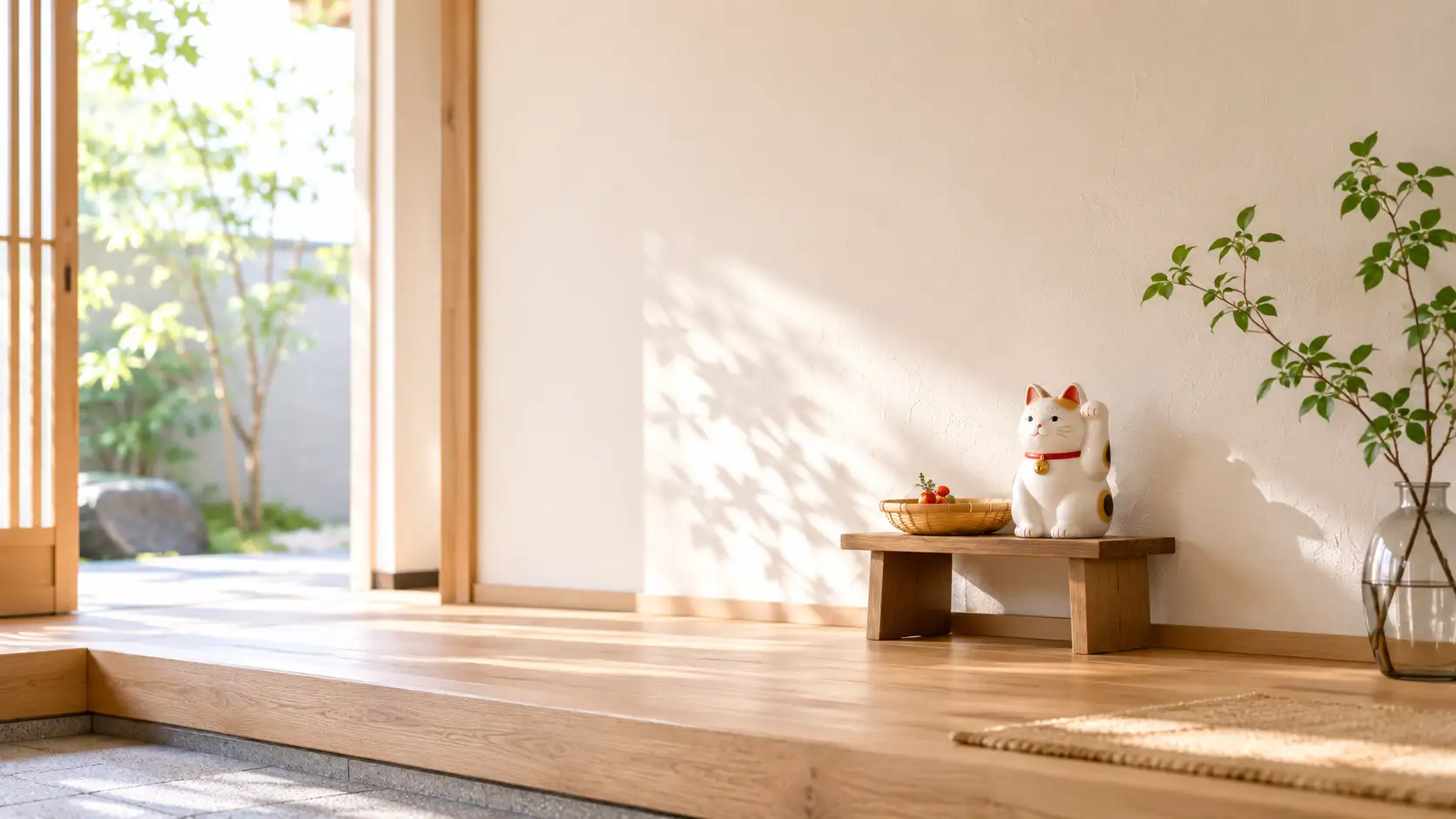 和モダンな玄関にたたずむ招き猫