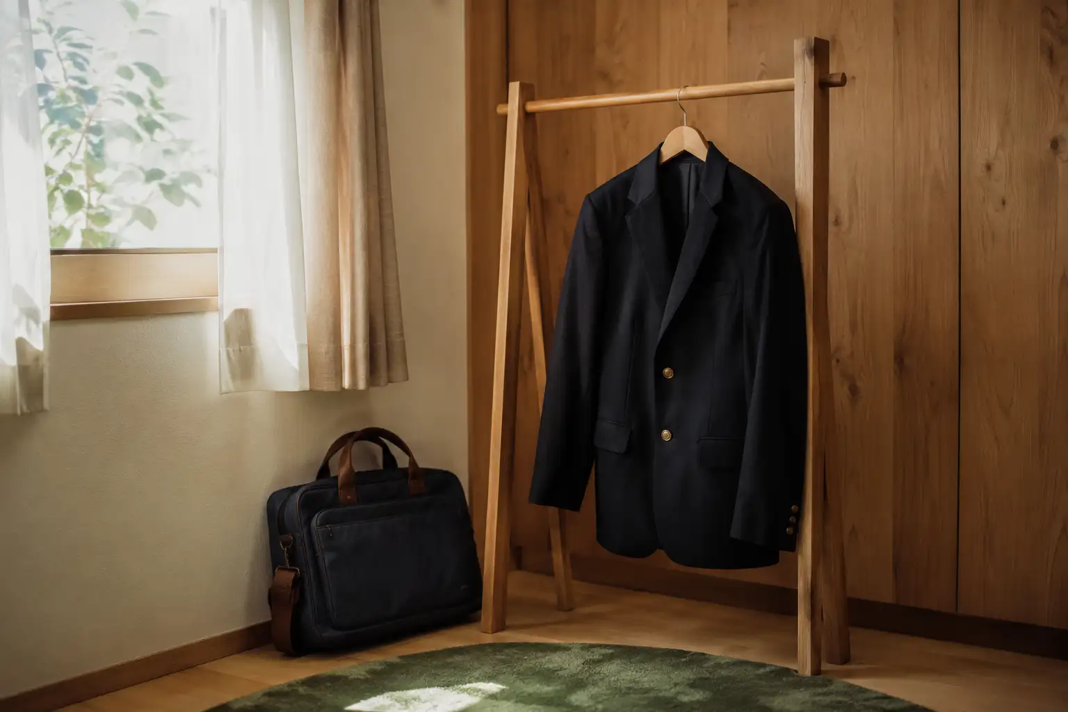 木製のハンガーラックにかかった紺色の制服ブレザーと、その横に立てかけられた学生かばん
