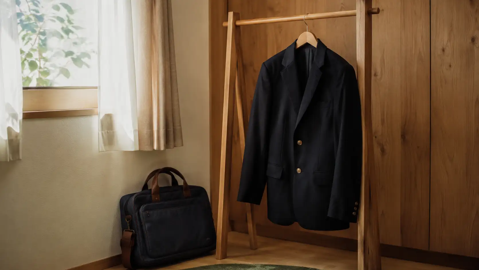 木製のハンガーラックにかかった紺色の制服ブレザーと、その横に立てかけられた学生かばん