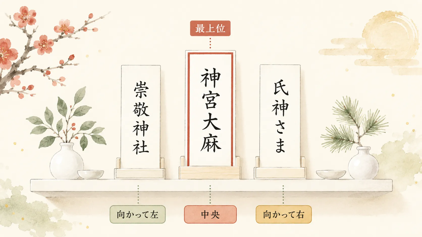 三社宮のお札の並び。中央に神宮大麻、向かって右に氏神さま、向かって左に崇敬神社を立てた図解イラスト