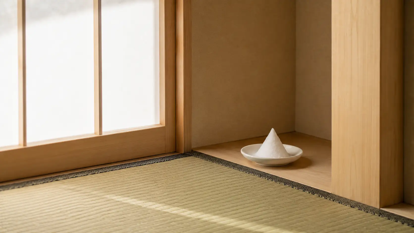 障子ごしの光が入る和室の畳の隅に、白い小皿に円錐形に盛られた塩がひとつ置かれている