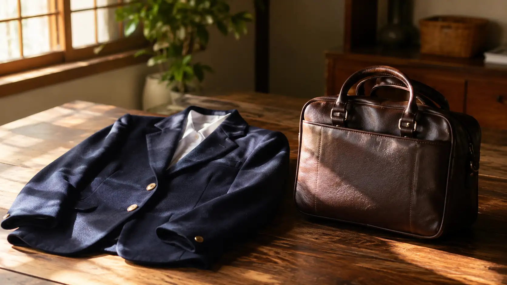 紺色の制服のブレザーと学生かばん、書類の入った茶封筒が置かれた木のテーブル