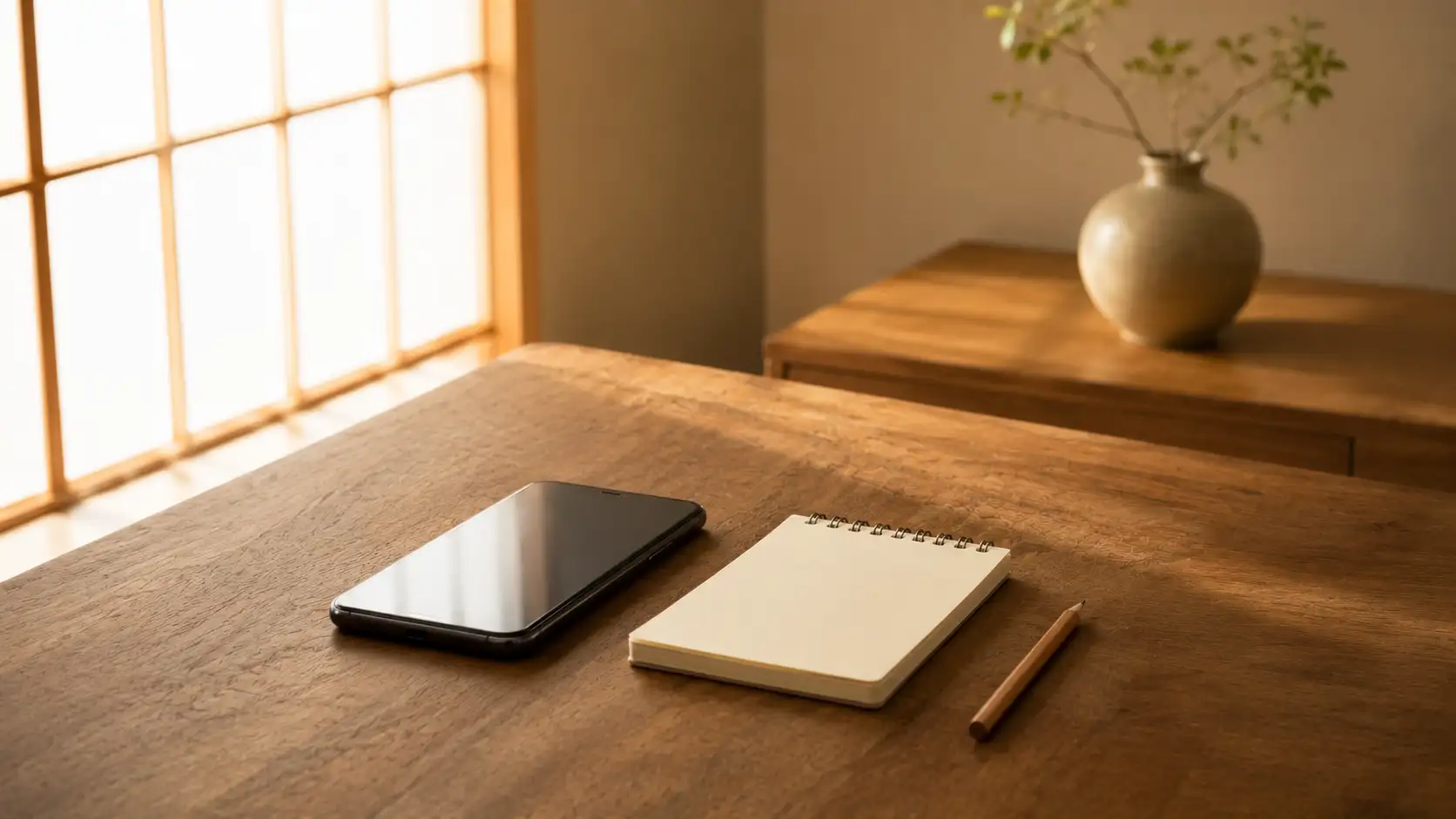 木の机に置かれたスマートフォンとメモ帳、電卓、そばに置かれた小さな招き猫