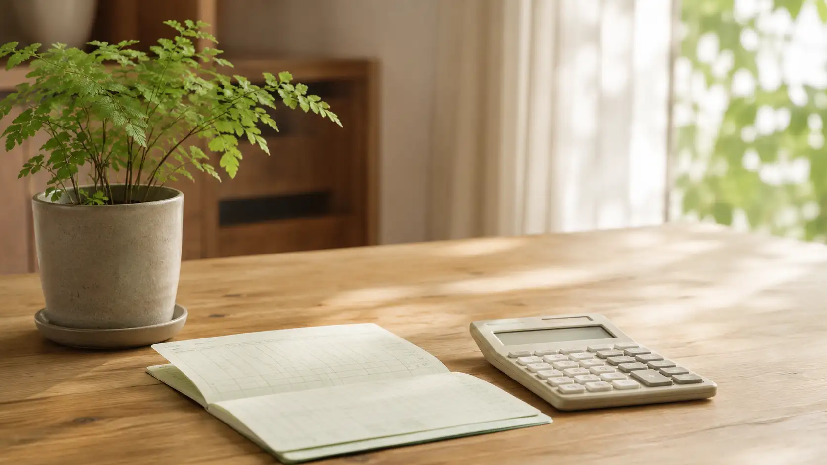 木の机に置かれた通帳と電卓、小さな観葉植物にやわらかい朝の光が差し込む静物
