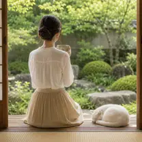 縁側でお茶を飲むシフォンの後ろ姿と、丸くなる白猫