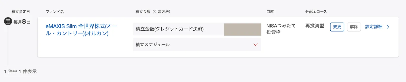 楽天証券の積立設定一覧の1行。ファンド名がeMAXIS Slim全世界株式(オール・カントリー)、積立指定日が毎月8日、口座がNISAつみたて投資枠、分配金コースが再投資型と表示されている。金額部分は伏せています