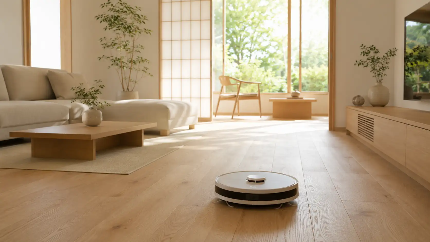 生成りと白でまとめた和モダンなリビングの木目の床を丸いロボット掃除機が走っている