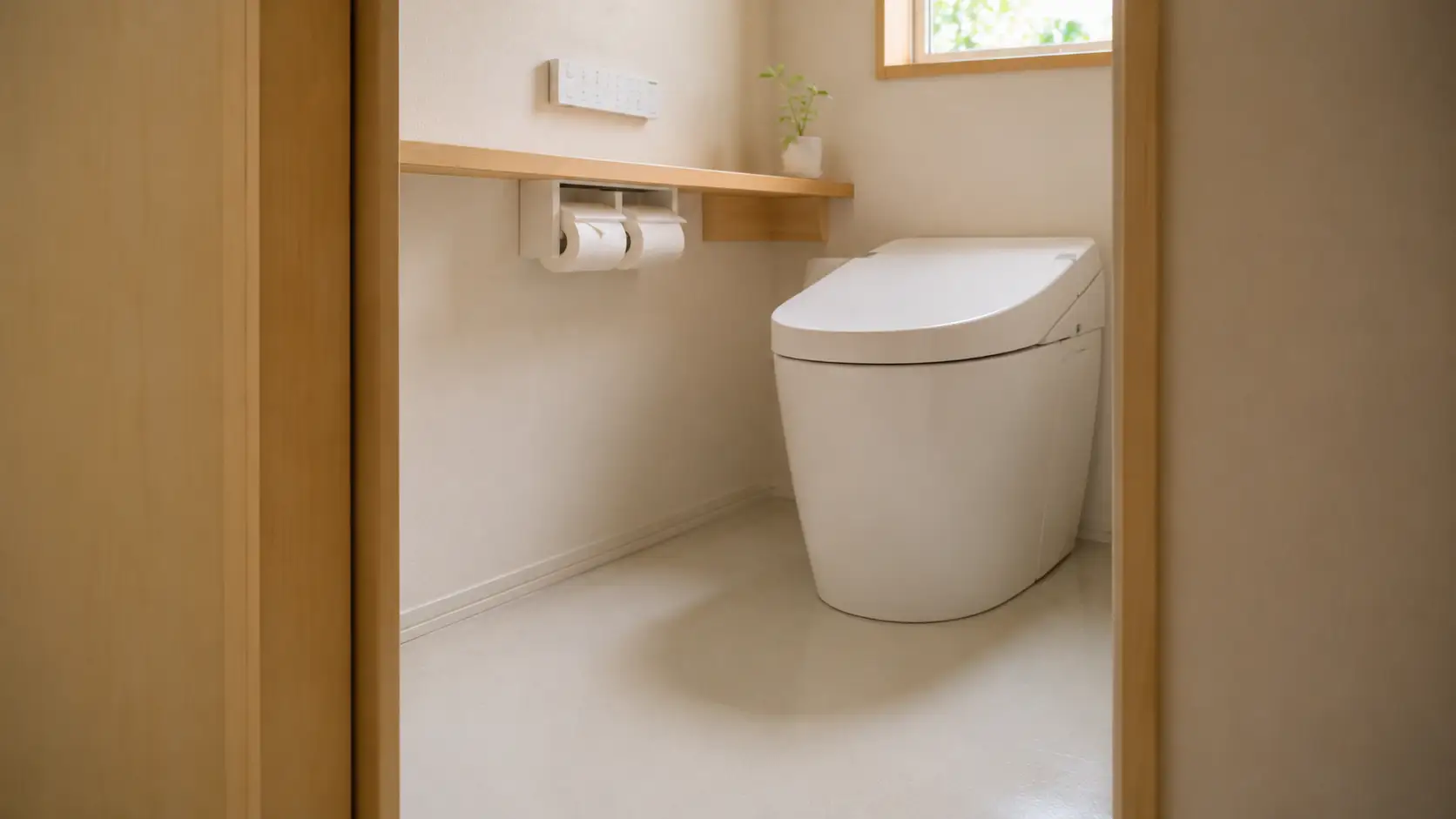 マットを敷いていない、拭きあげられて清潔な白いトイレの床